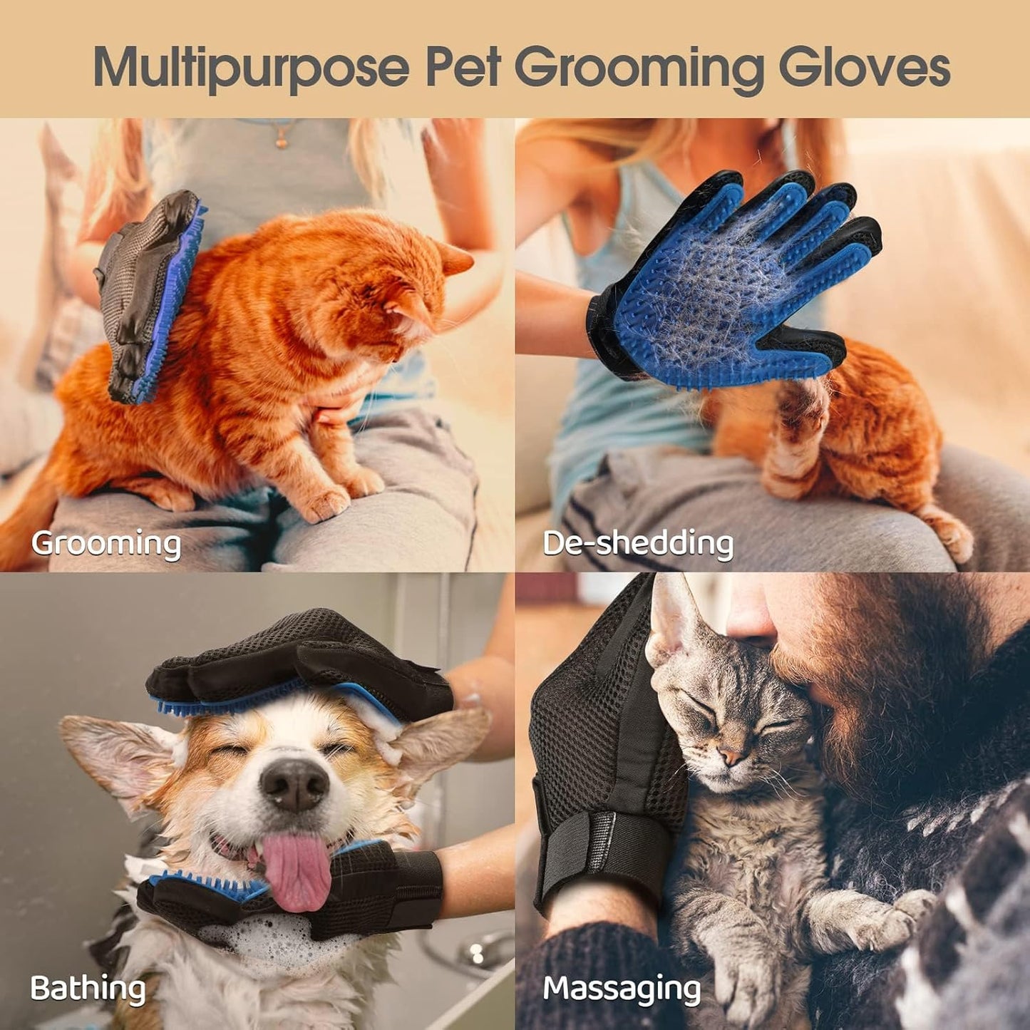 Pet Hair Remover Gloves - Gentle Shedding Brushes for Dogs, Cats & Horses with Long and Short Hair