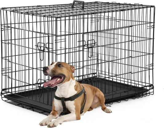 Dog Crate Dog Kennel Cage with Double Door, Folding Metal Wire Dog Cage with Removable Tray & Divider Panel, Pet Crate for Medium Dogs