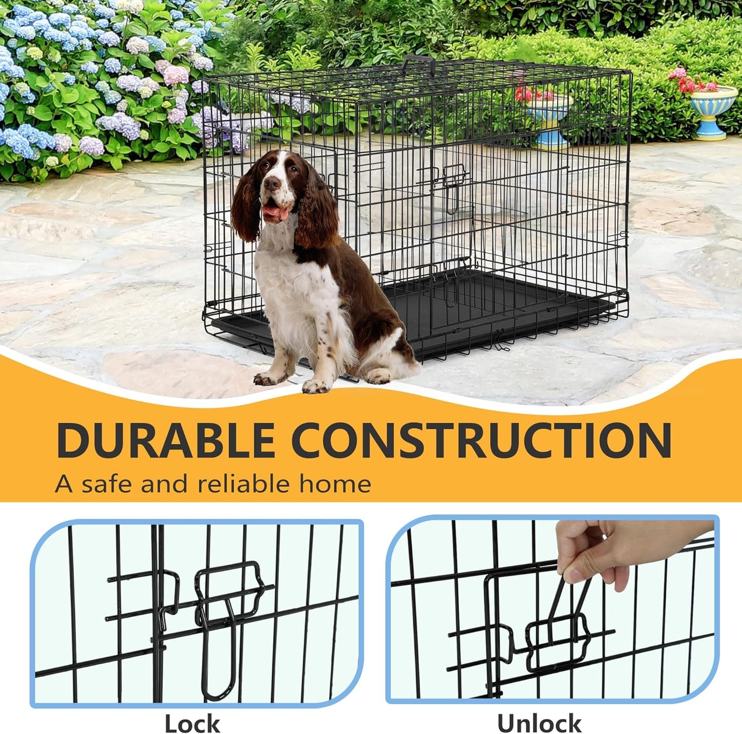 Dog Crate Dog Kennel Cage with Double Door, Folding Metal Wire Dog Cage with Removable Tray & Divider Panel, Pet Crate for Medium Dogs