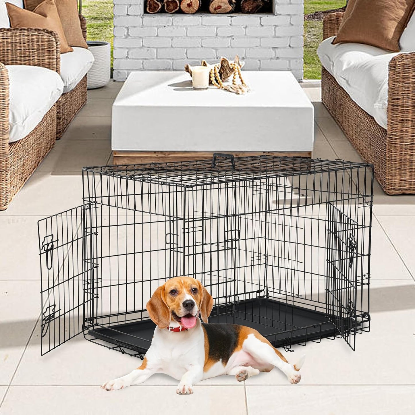 Dog Crate Dog Kennel Cage with Double Door, Folding Metal Wire Dog Cage with Removable Tray & Divider Panel, Pet Crate for Medium Dogs