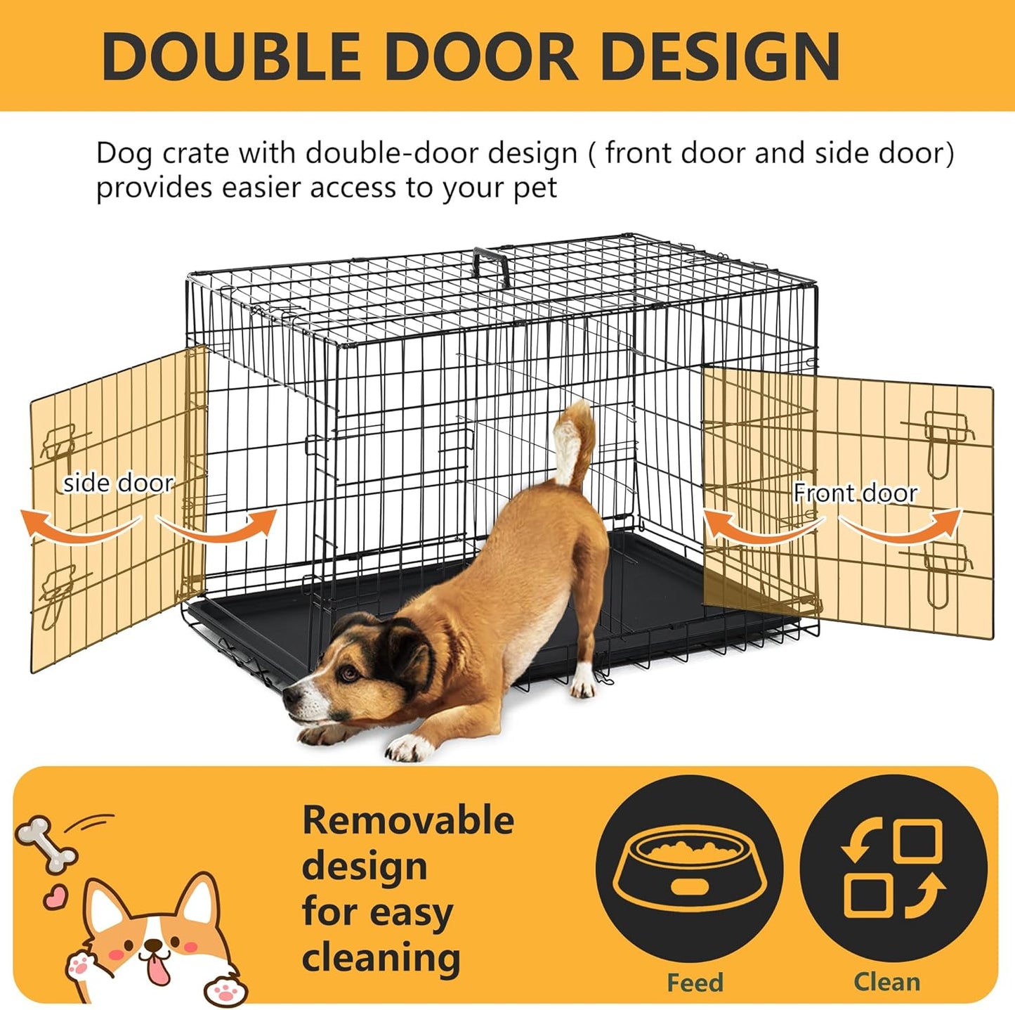 Dog Crate Dog Kennel Cage with Double Door, Folding Metal Wire Dog Cage with Removable Tray & Divider Panel, Pet Crate for Medium Dogs