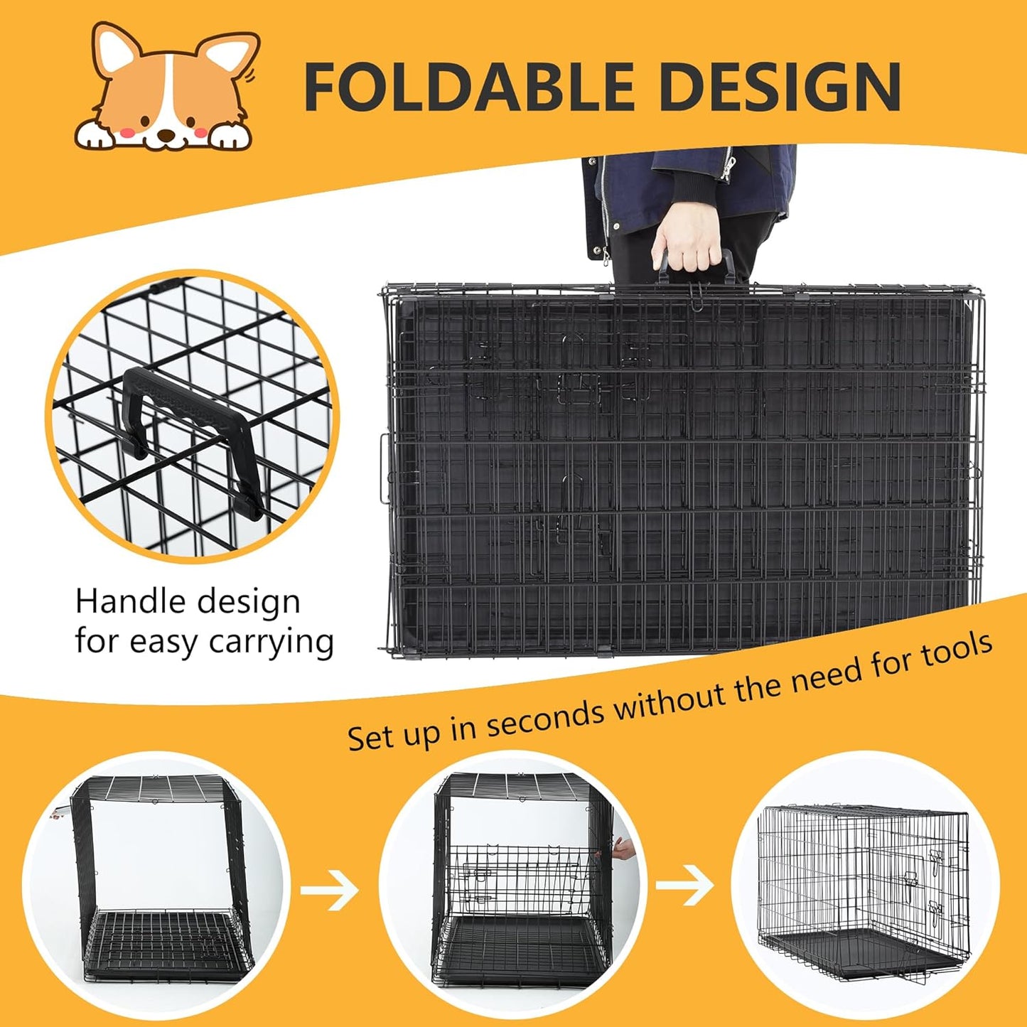 Dog Crate Dog Kennel Cage with Double Door, Folding Metal Wire Dog Cage with Removable Tray & Divider Panel, Pet Crate for Medium Dogs