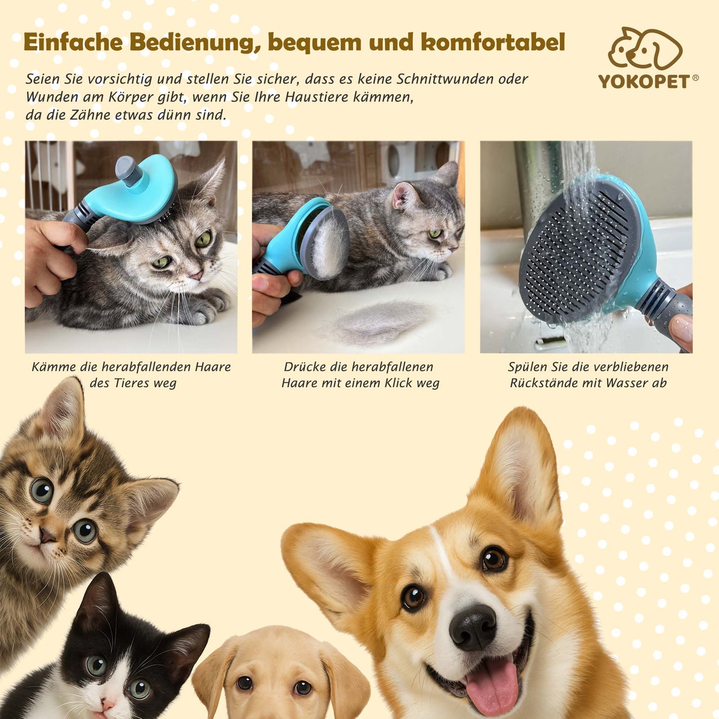 Dog Brush, Cat Brush, Pet Brush, Hair Remover, Pet Brush for Long and Short Hair, Clean Pet Hair from the Brush with One Button