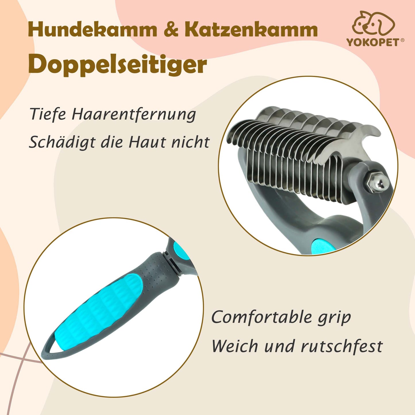 Undercoat Brush Dog, Cat & Dog Brush, Undercoat Brush Dogs for Long Hair & Short Hair Cats Dogs, Double-Sided 9+17 Round Teeth, Top Hair Protection, Anti-Knot