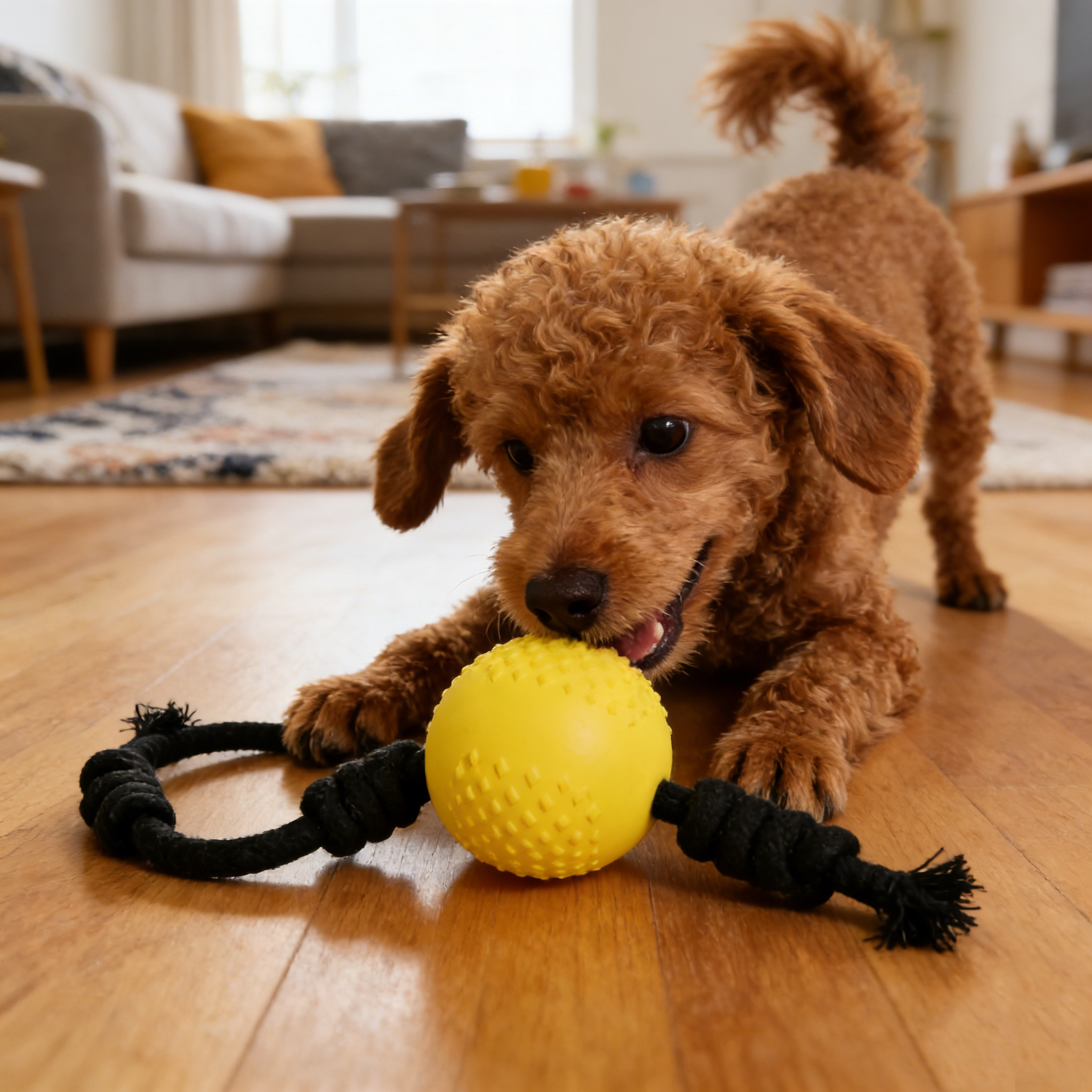 Textured Rubber Ball with Rope – Durable Interactive Dog Tug Toy