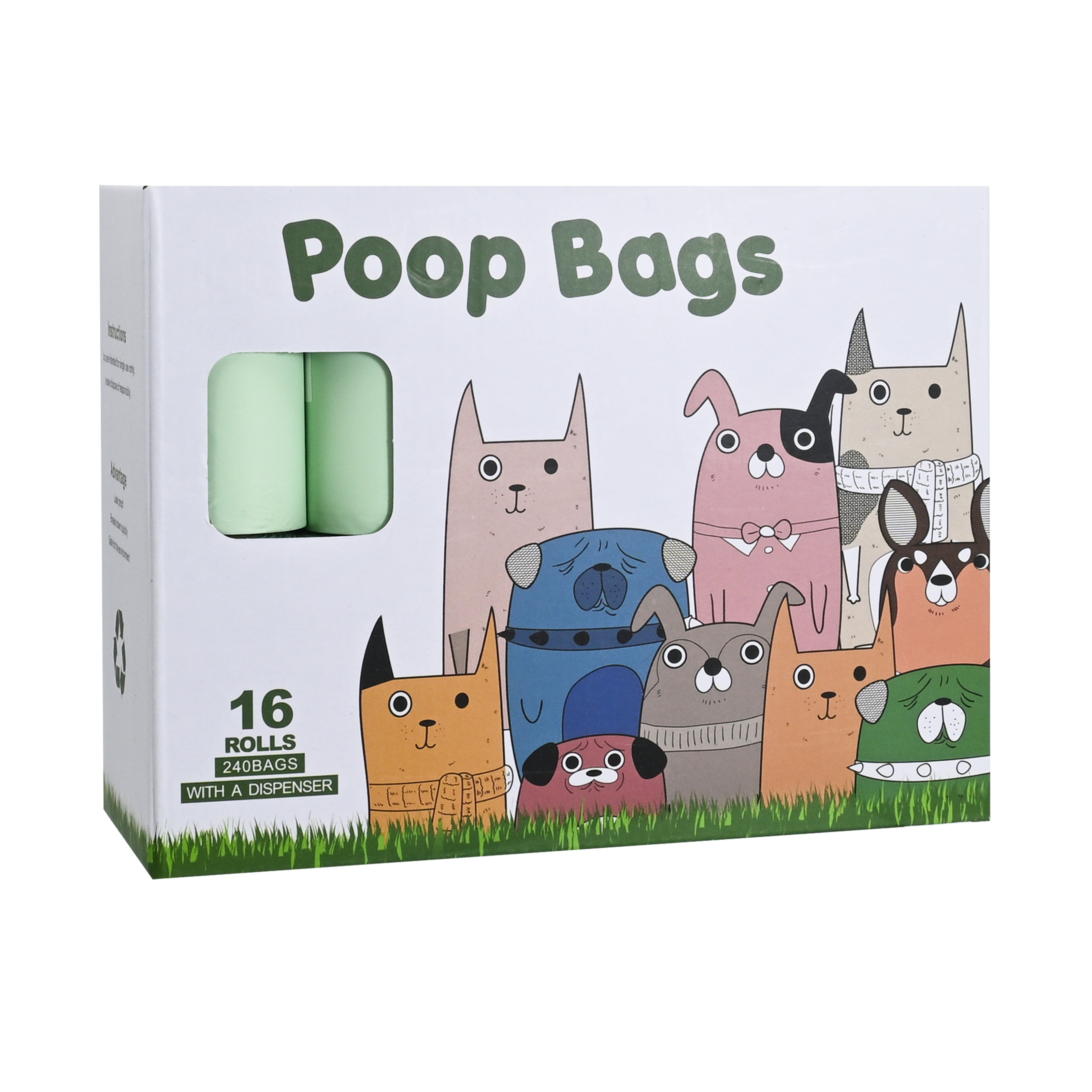 16-Roll Fully Biodegradable Flat-Mouth Pet Bags - Thickness: 0.015 mm, Starch-Based, with Dispenser