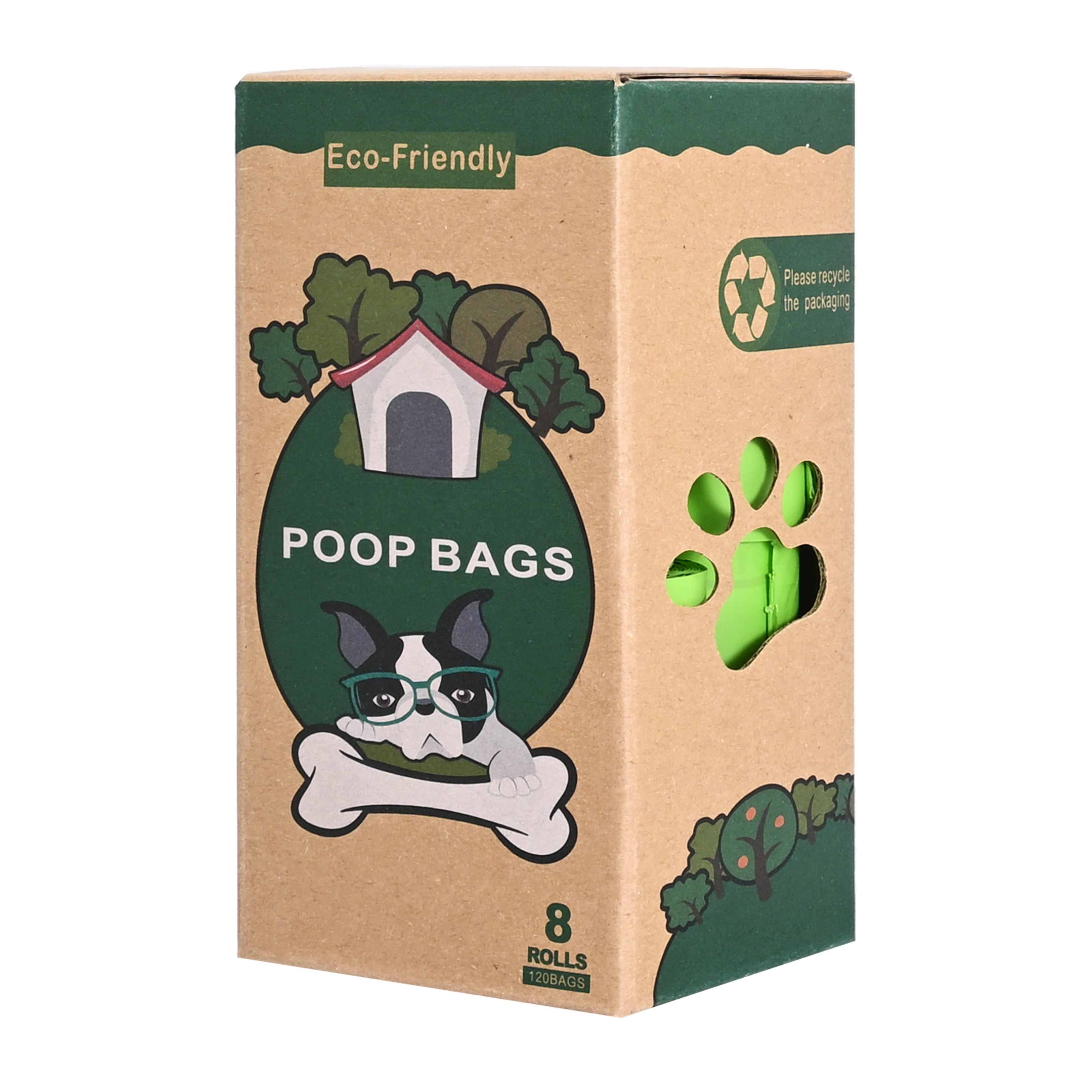 8-Roll Fully Biodegradable Flat-Mouth Pet Bags - Thickness: 0.015 mm, Starch-Based