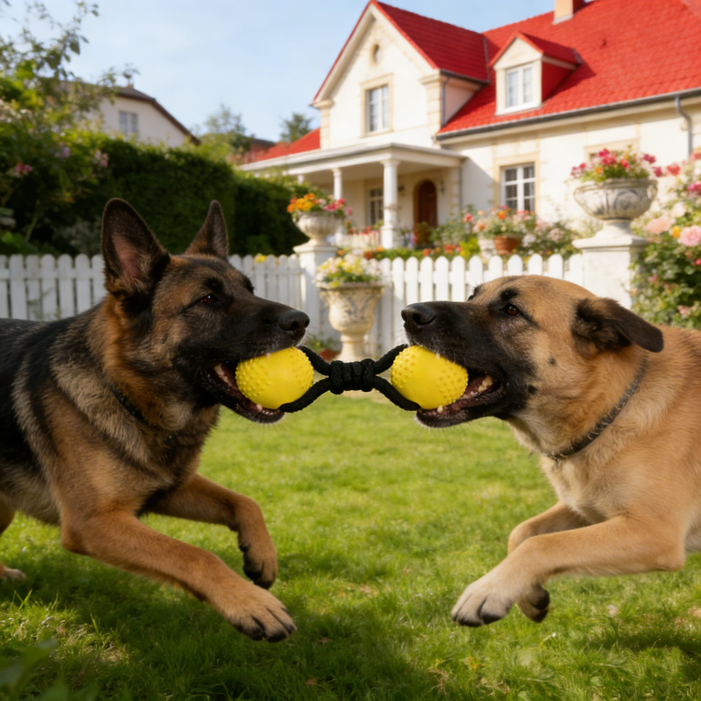 Dual-Ball Rubber Chew & Tug Toy – Durable Interactive Toy for Large, Aggressive Chewers