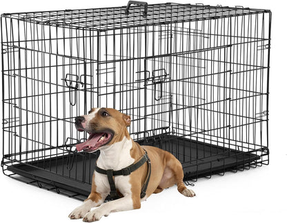 Dog Crate Dog Kennel Cage with Double Door, Folding Metal Wire Dog Cage with Removable Tray & Divider Panel, Pet Crate for Medium Dogs