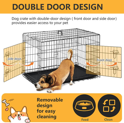 Dog Crate Dog Kennel Cage with Double Door, Folding Metal Wire Dog Cage with Removable Tray & Divider Panel, Pet Crate for Medium Dogs