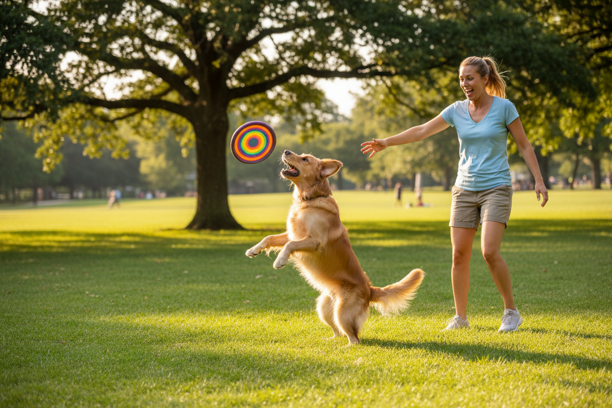 宠物和主人在公园玩飞盘玩具